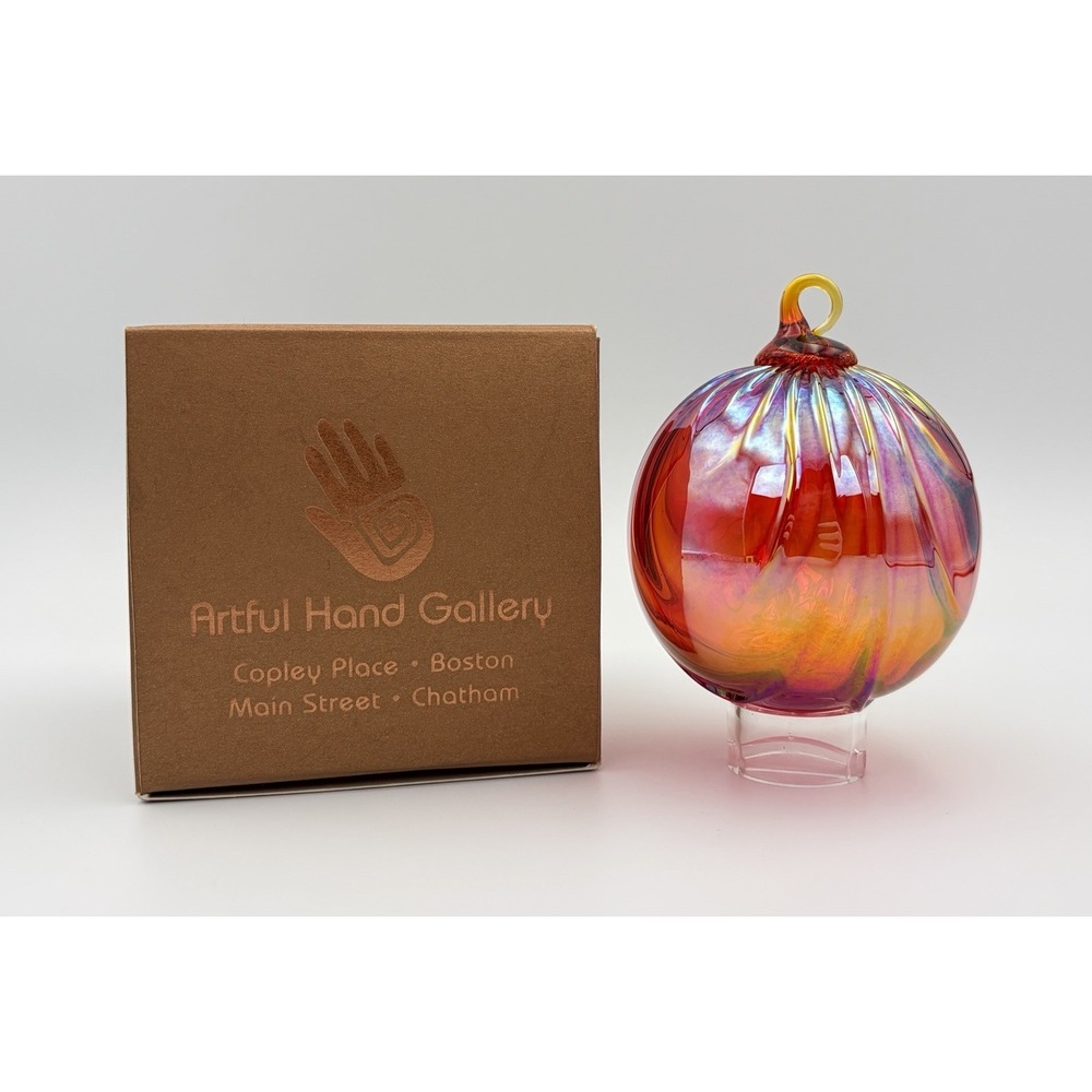 Artful Hand Gallery Blown Art Glass Christmas Ornament Iridescent Red Gold VTG